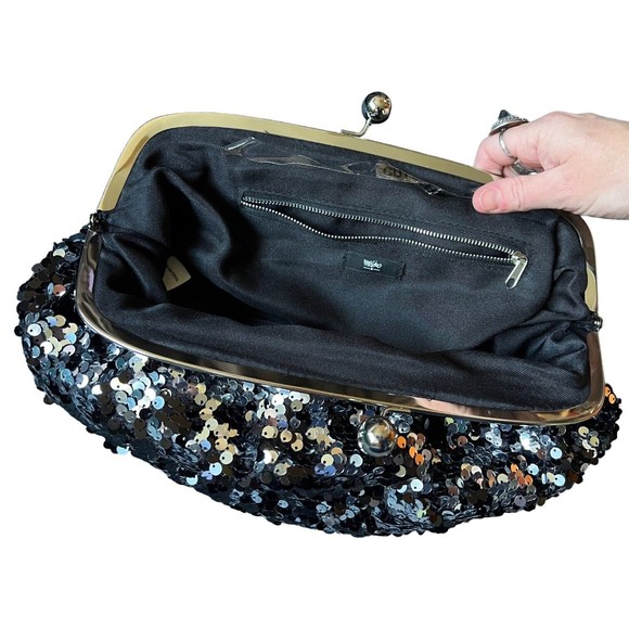 Mossimo Black Sequin Kiss Lock Clutch 13" W x 9" H Scrunchy Glitter Purse - Picture 3 of 12